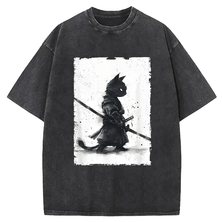 Samurai Cat Washed Crew Neck T-shirt