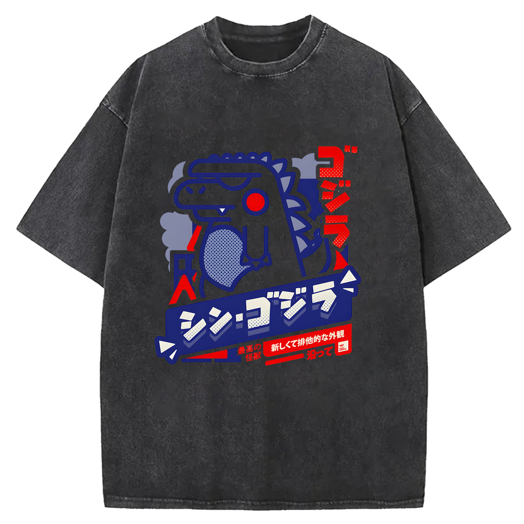 Cartoon Godzilla Washed Crew Neck T-Shirt