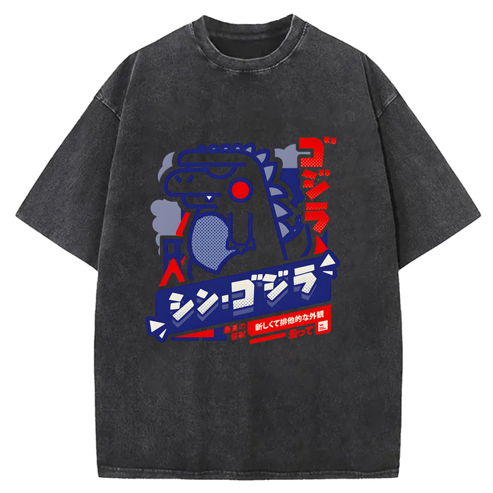 Cartoon Godzilla Washed Crew Neck T-Shirt