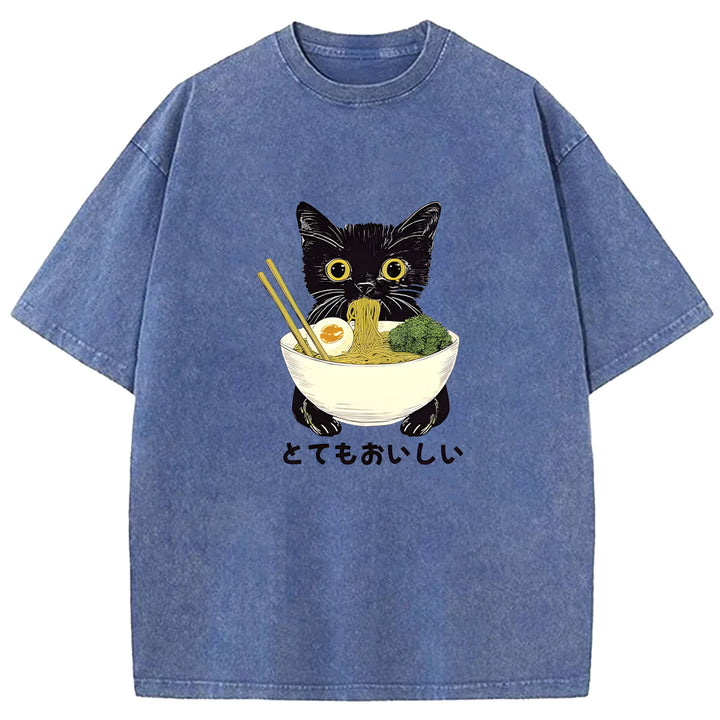 Black Cat Eating Ramen Washed Crew Neck T-Shirt