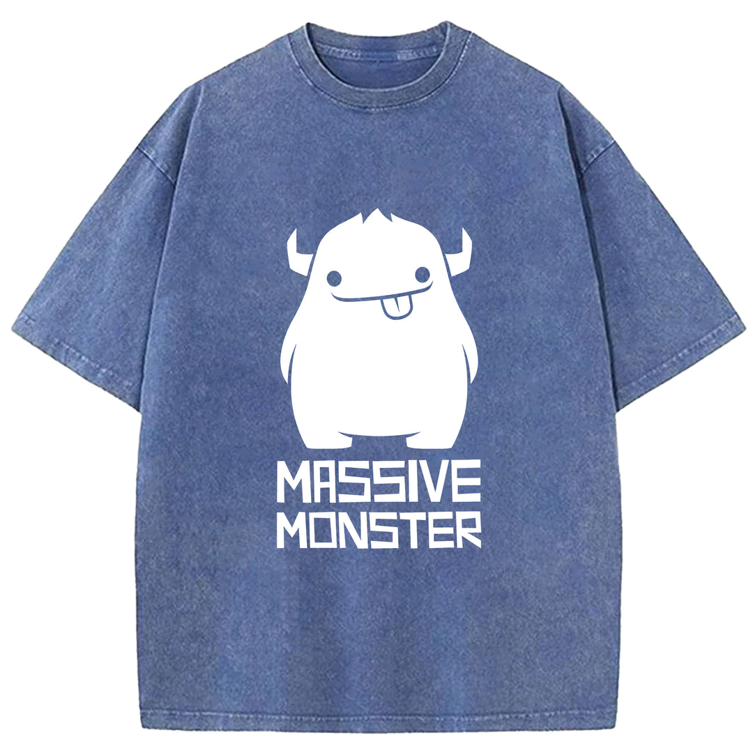 Cartoon Cute Monster Washed Crew Neck T-Shirt