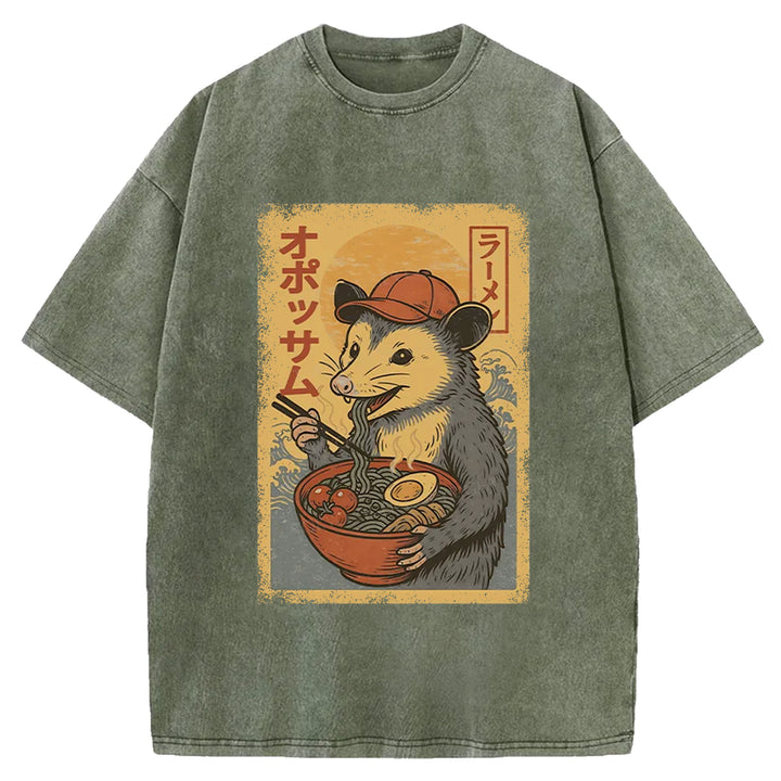 Opossum Eat Ramen Washed Crew Neck T-Shirt