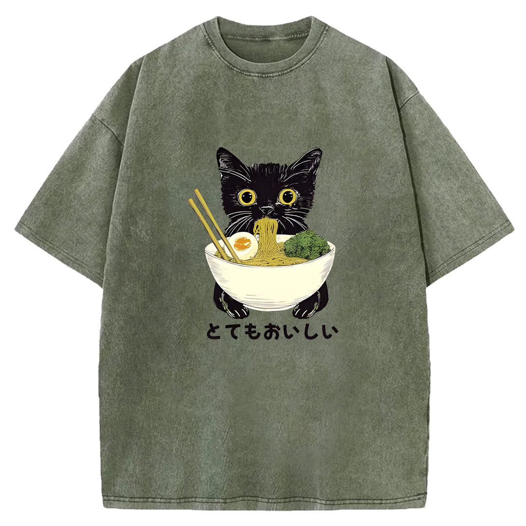 Black Cat Eating Ramen Washed Crew Neck T-Shirt