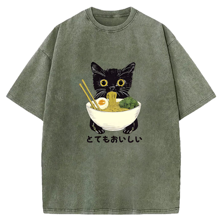 Black Cat Eating Ramen Washed Crew Neck T-Shirt