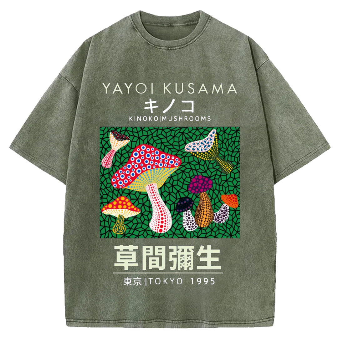 Yayoi Kusama Spotted Mushroom Vintage Washed Crew Neck T-Shirt