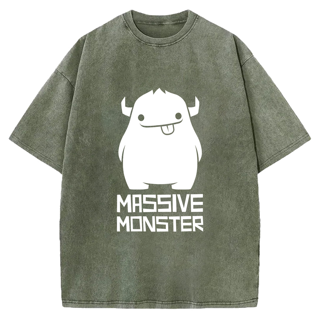 Cartoon Cute Monster Washed Crew Neck T-Shirt