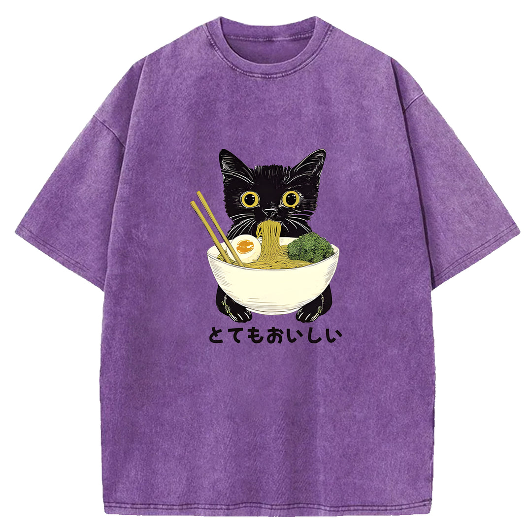 Black Cat Eating Ramen Washed Crew Neck T-Shirt