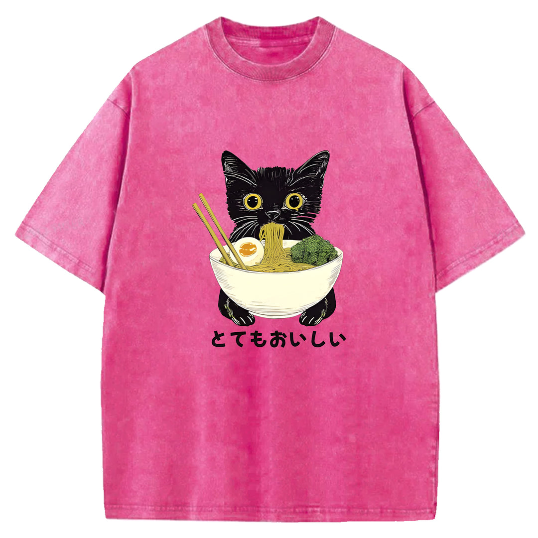 Black Cat Eating Ramen Washed Crew Neck T-Shirt