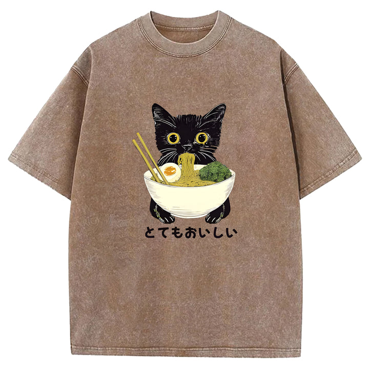 Black Cat Eating Ramen Washed Crew Neck T-Shirt