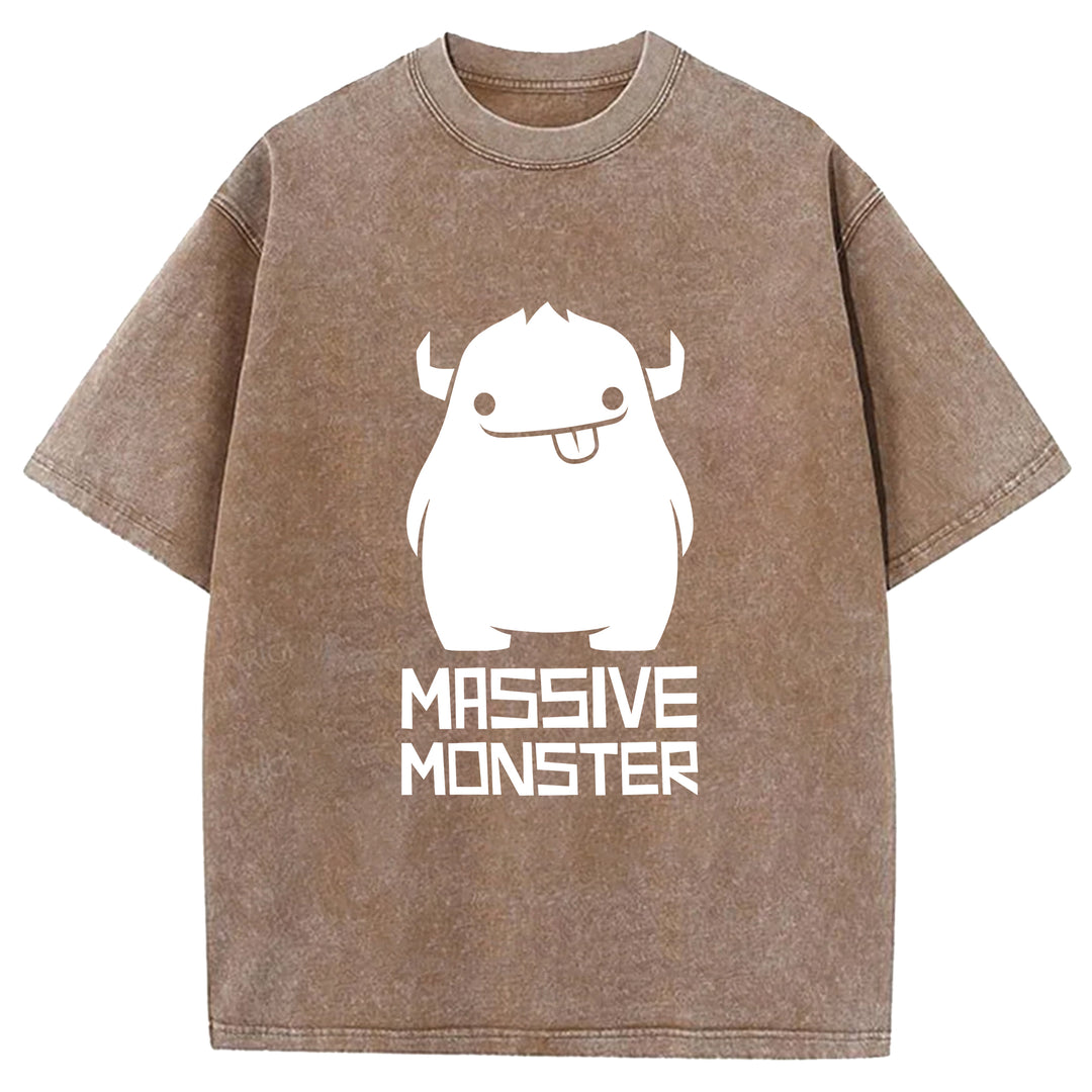 Cartoon Cute Monster Washed Crew Neck T-Shirt