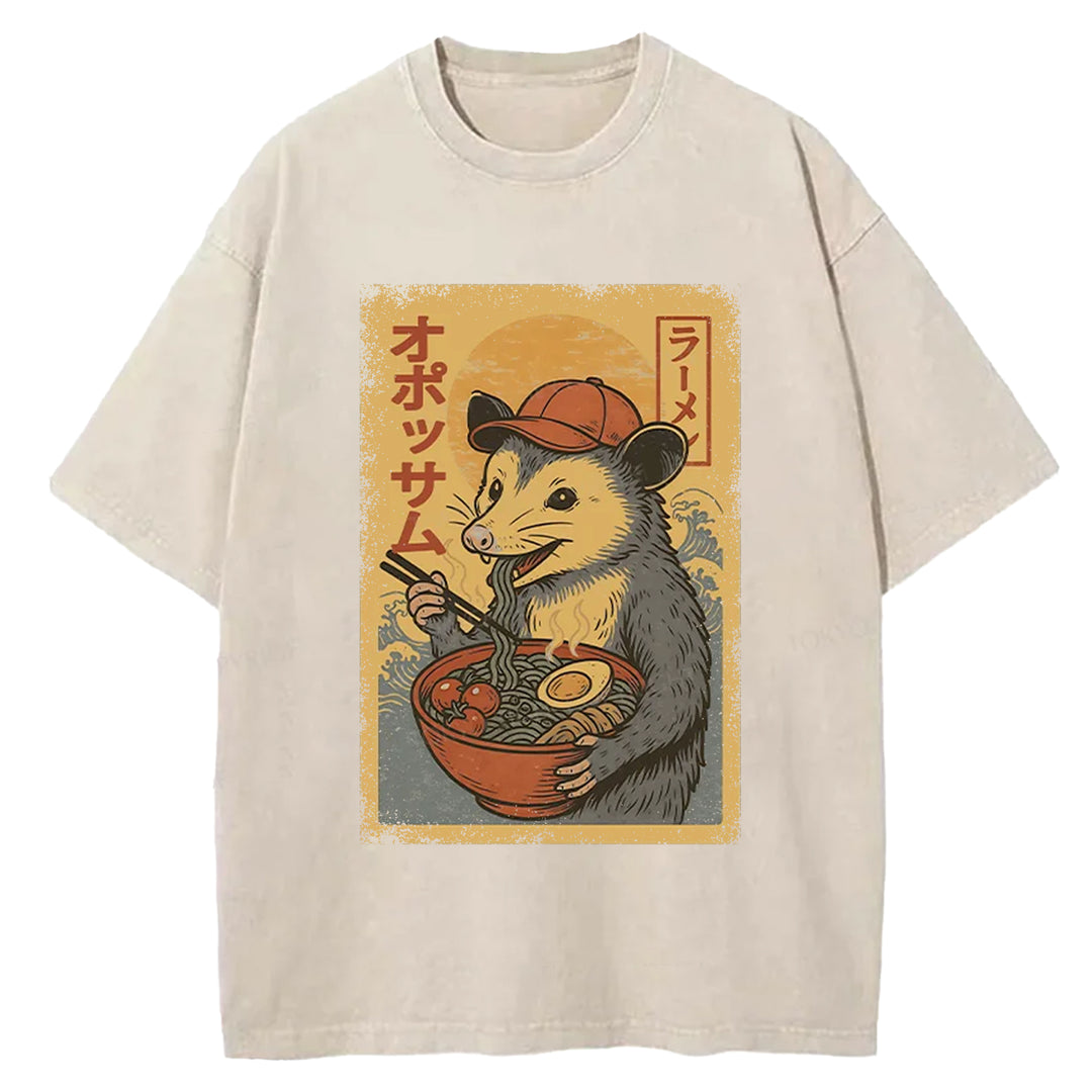 Opossum Eat Ramen Washed Crew Neck T-Shirt