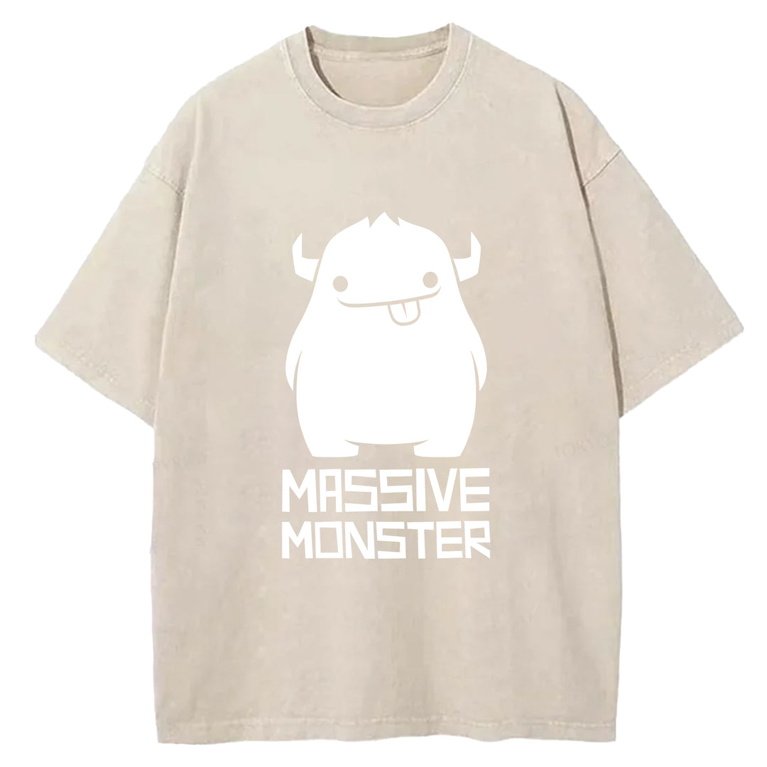 Cartoon Cute Monster Washed Crew Neck T-Shirt