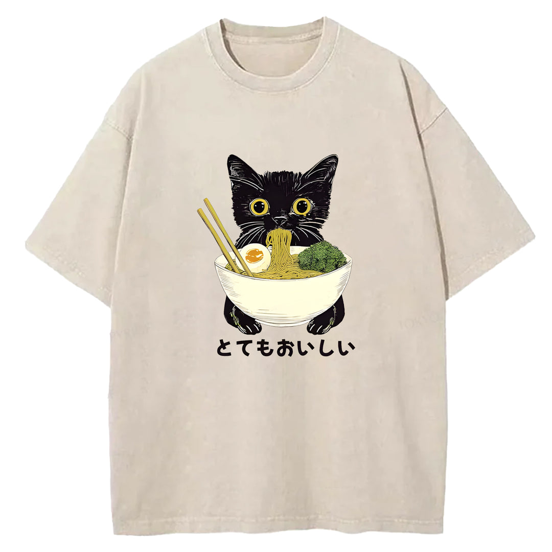 Black Cat Eating Ramen Washed Crew Neck T-Shirt