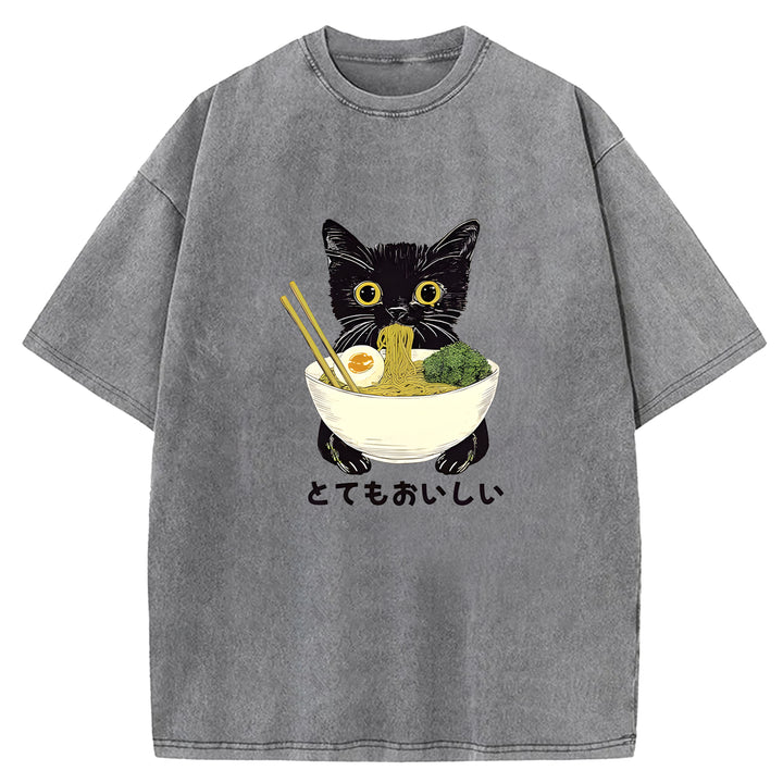 Black Cat Eating Ramen Washed Crew Neck T-Shirt