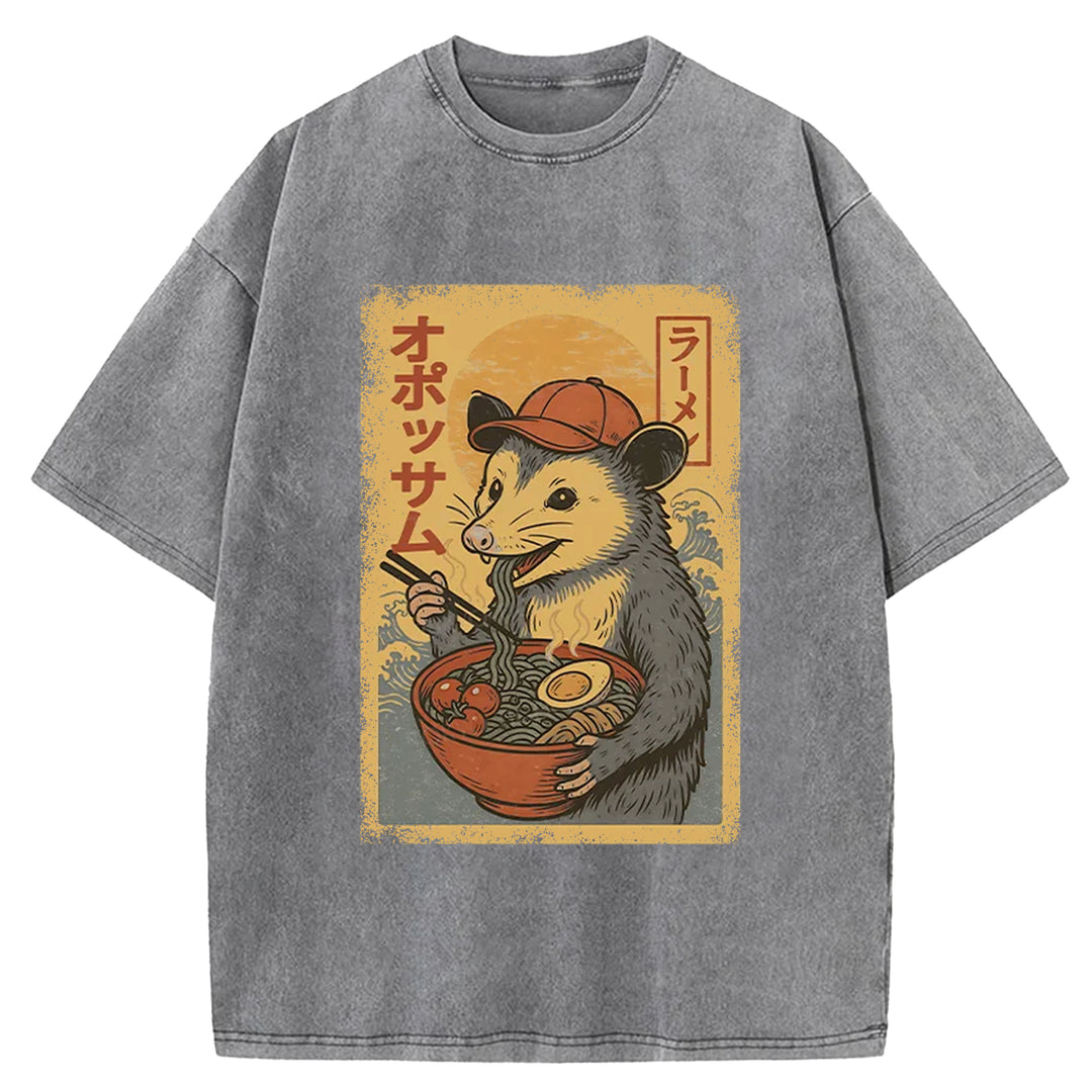 Opossum Eat Ramen Washed Crew Neck T-Shirt
