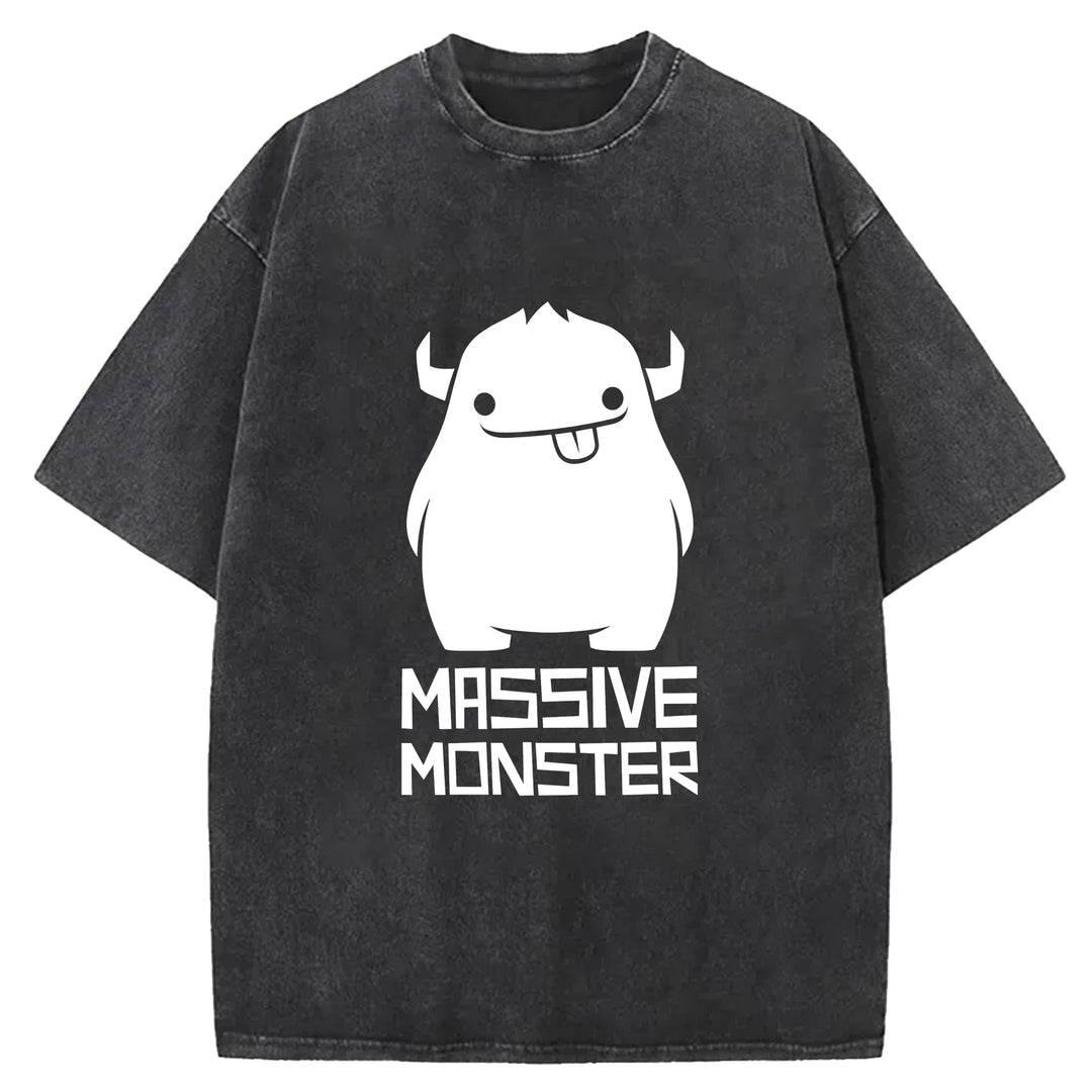 Cartoon Cute Monster Washed Crew Neck T-Shirt