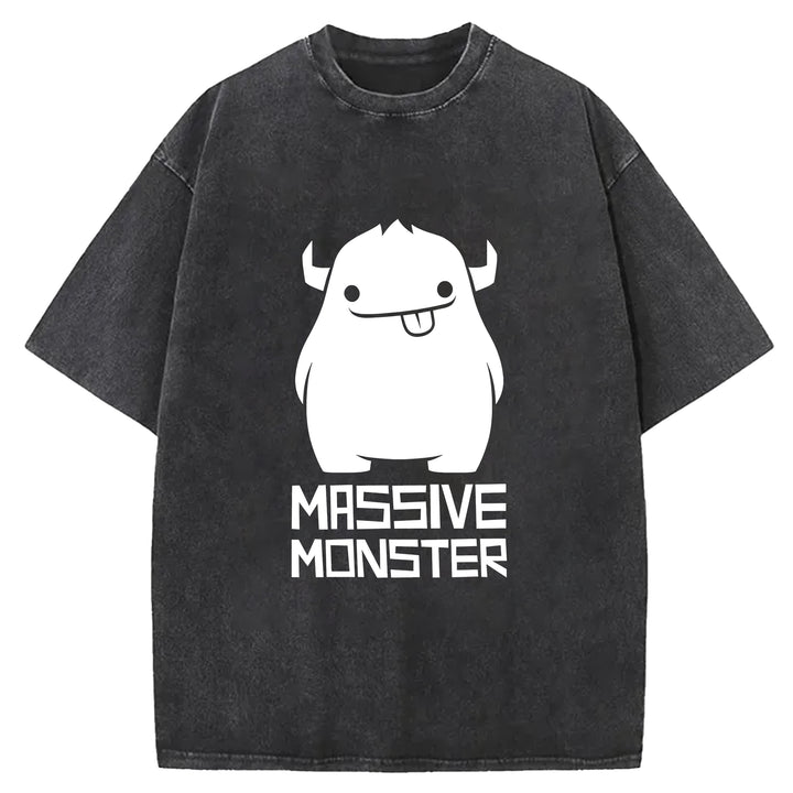 Cartoon Cute Monster Washed Crew Neck T-Shirt