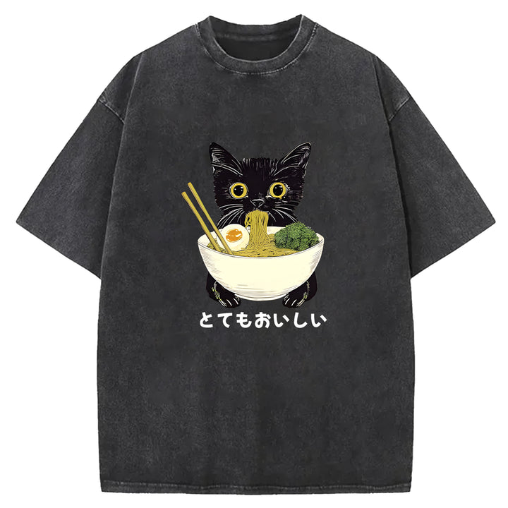Black Cat Eating Ramen Washed Crew Neck T-Shirt