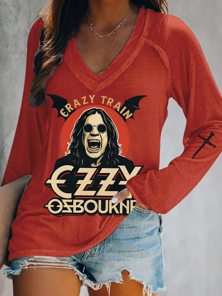 Trendy Ozzy Osbourne Mama I'm Coming Home Print V-Neck Long Sleeve Top