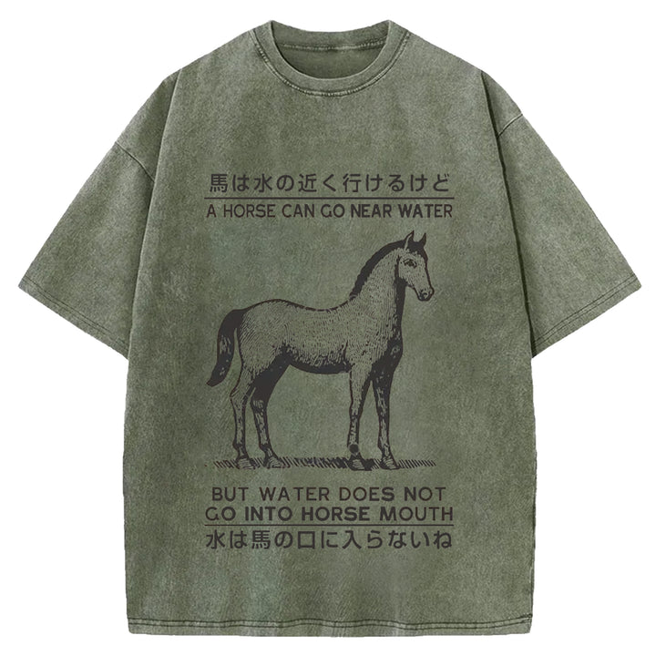 Funny Horse And Water Saying Washed Crew Neck T-Shirt