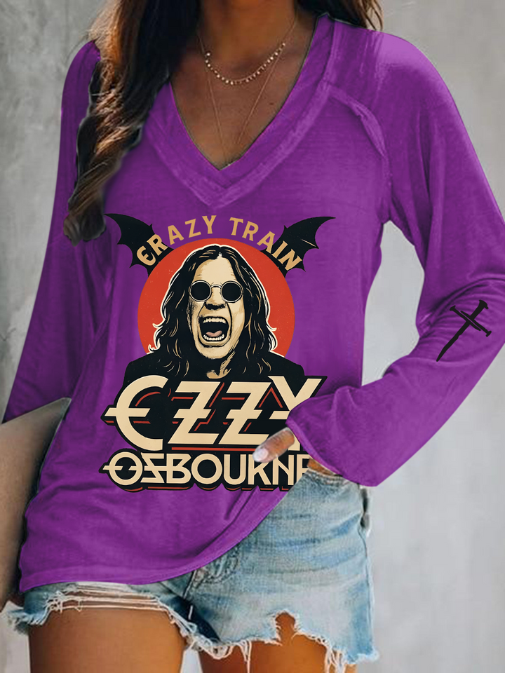 Trendy Ozzy Osbourne Mama I'm Coming Home Print V-Neck Long Sleeve Top