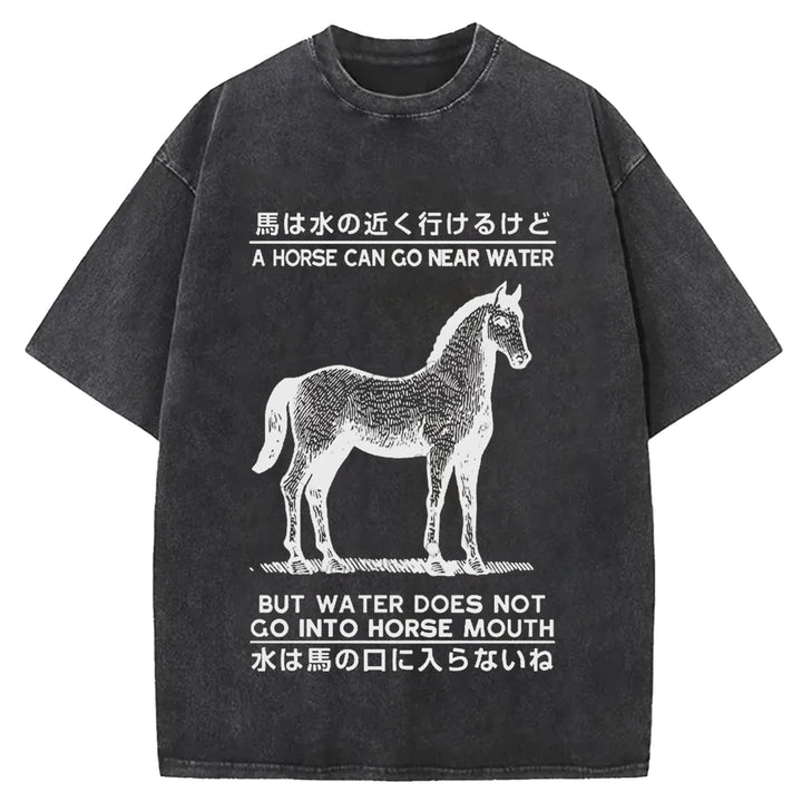 Funny Horse And Water Saying Washed Crew Neck T-Shirt