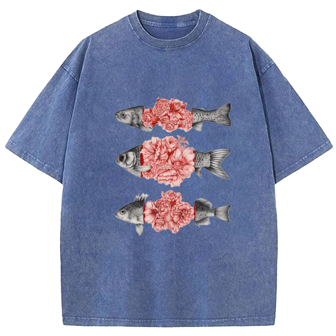 Fish And Flower Patchwork Washed Crew Neck T-shirt