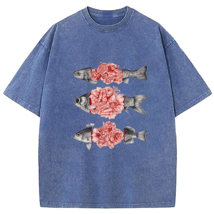 Fish And Flower Patchwork Washed Crew Neck T-shirt