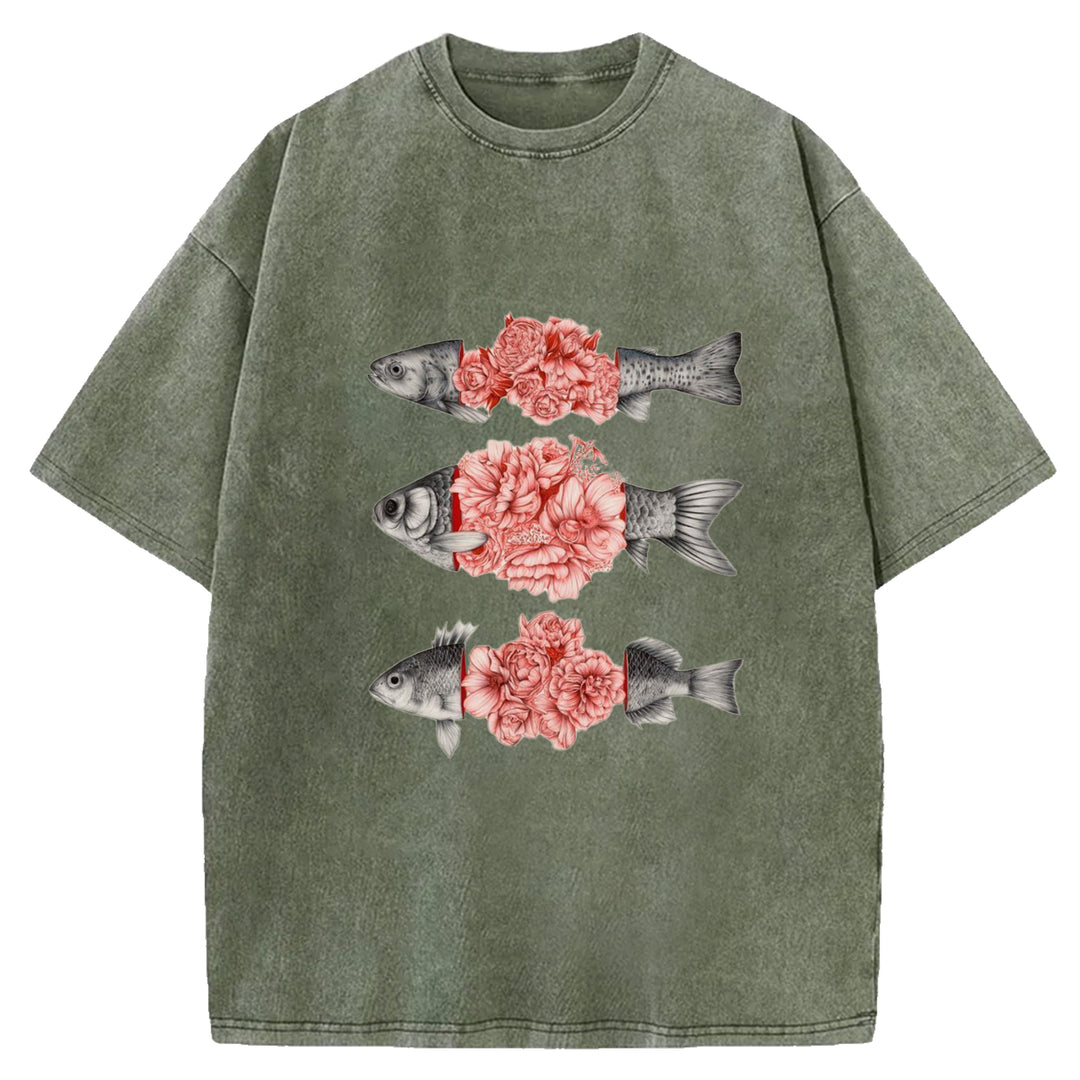 Fish And Flower Patchwork Washed Crew Neck T-shirt