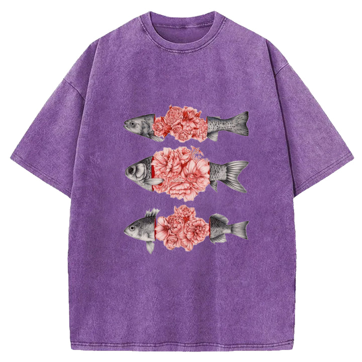 Fish And Flower Patchwork Washed Crew Neck T-shirt