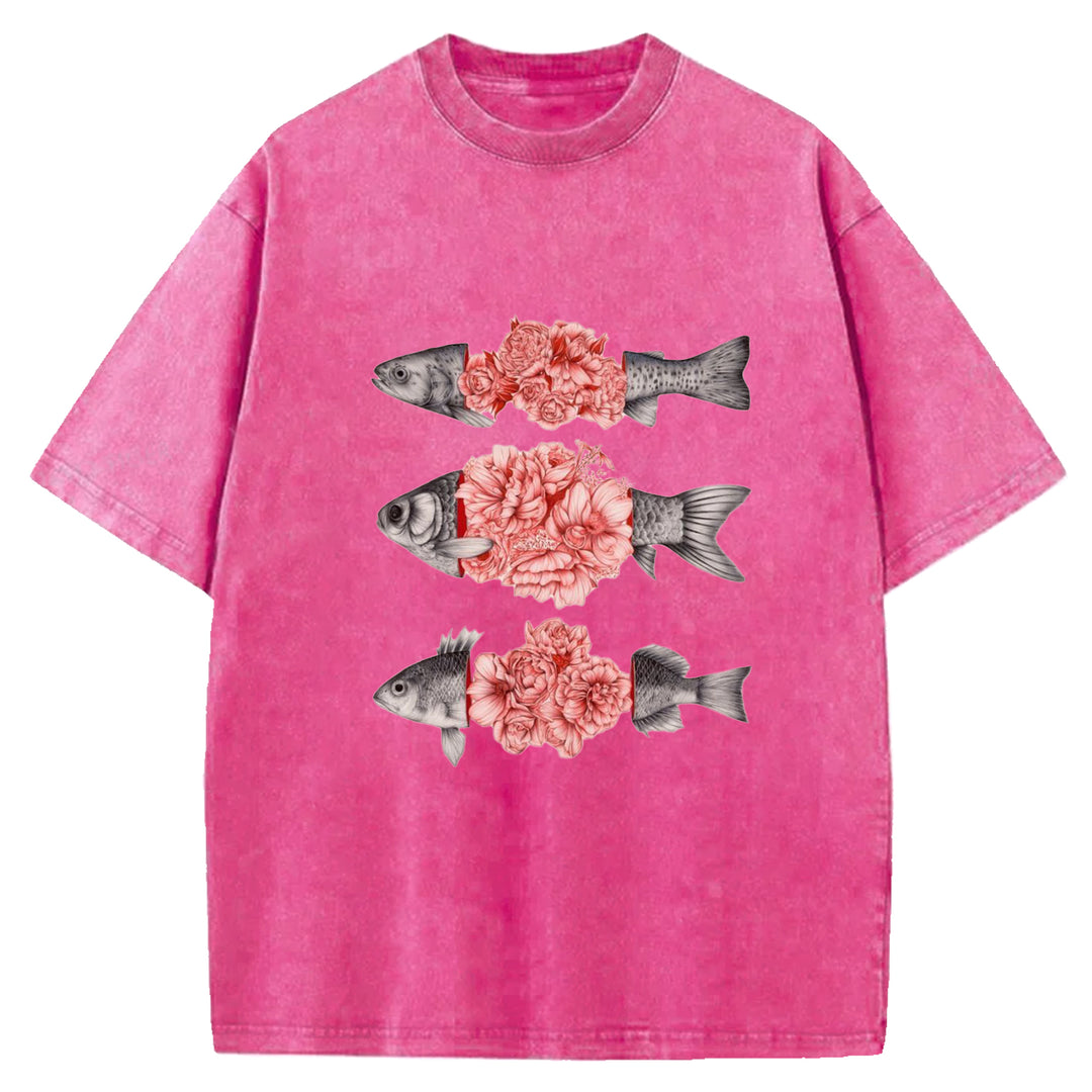 Fish And Flower Patchwork Washed Crew Neck T-shirt