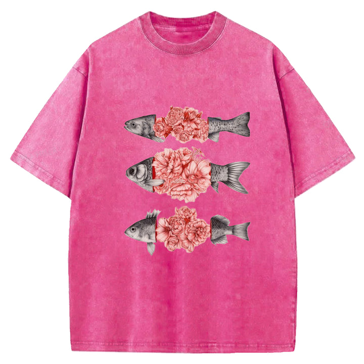 Fish And Flower Patchwork Washed Crew Neck T-shirt