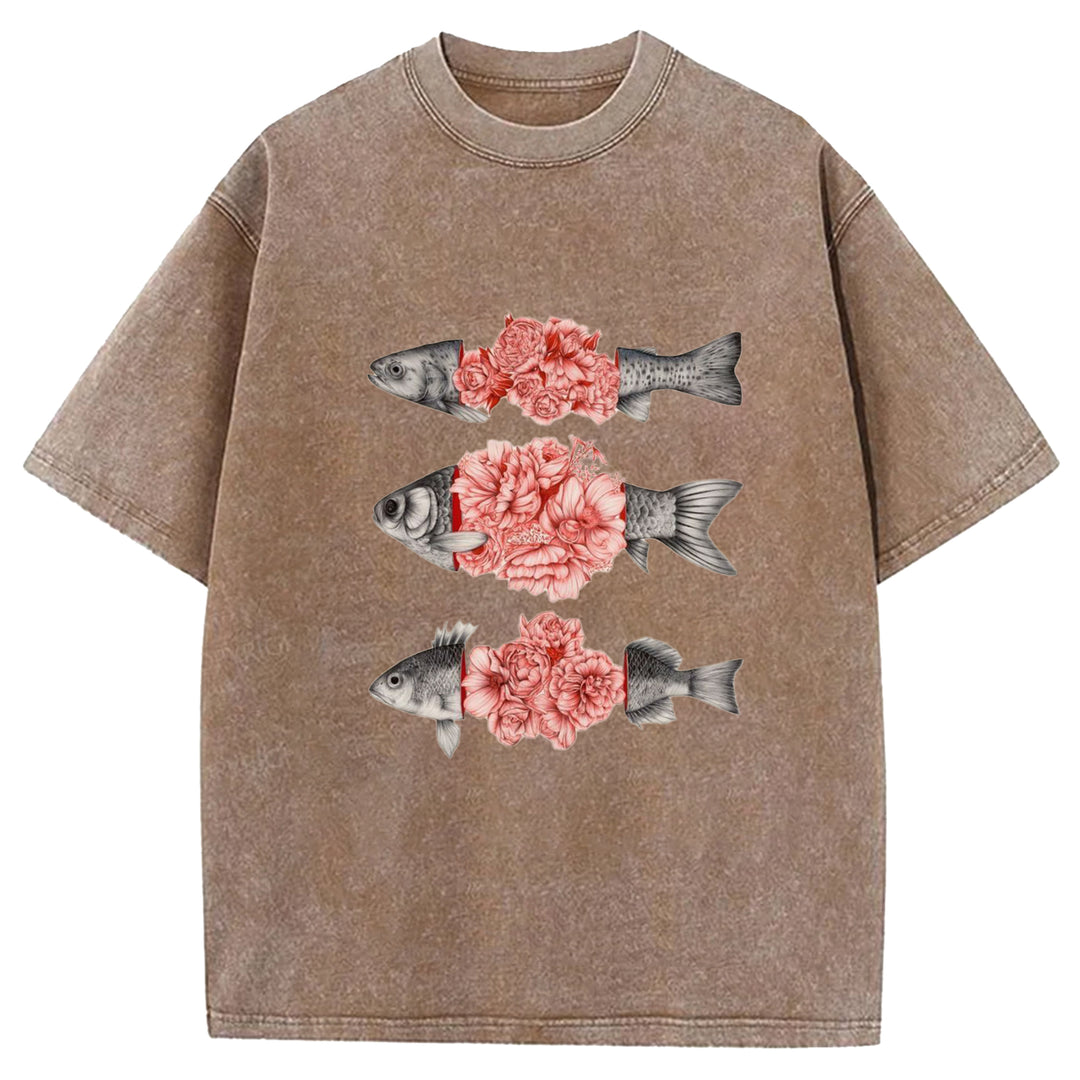 Fish And Flower Patchwork Washed Crew Neck T-shirt