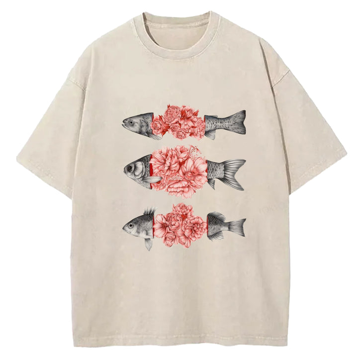 Fish And Flower Patchwork Washed Crew Neck T-shirt