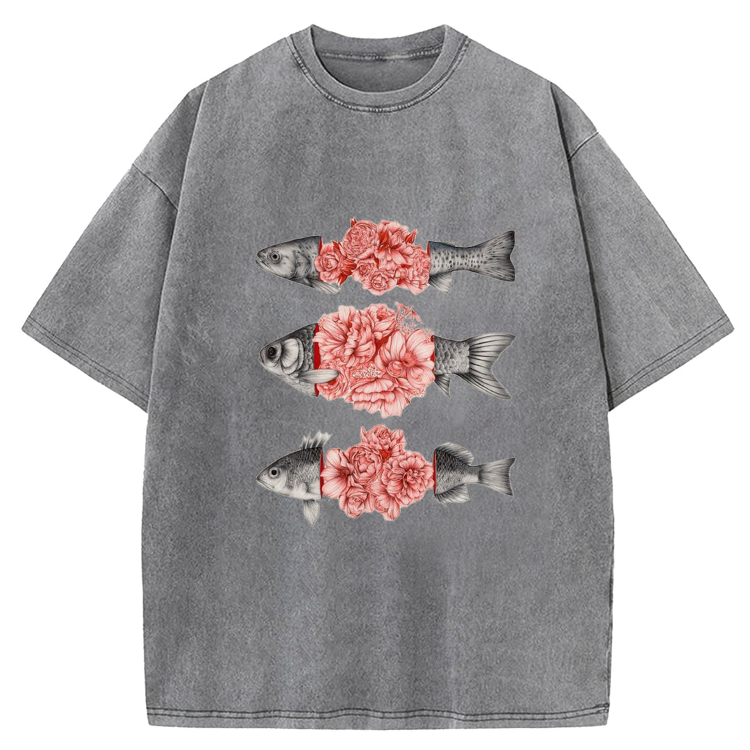 Fish And Flower Patchwork Washed Crew Neck T-shirt
