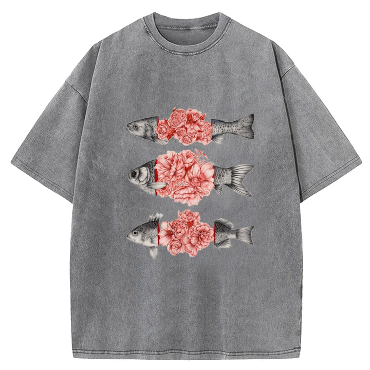 Fish And Flower Patchwork Washed Crew Neck T-shirt