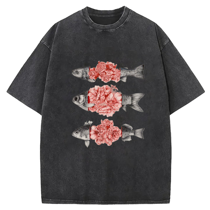 Fish And Flower Patchwork Washed Crew Neck T-shirt