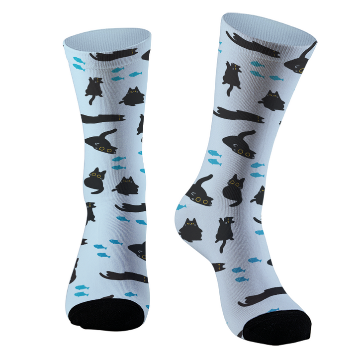Black Cat And Blue Fish Socks
