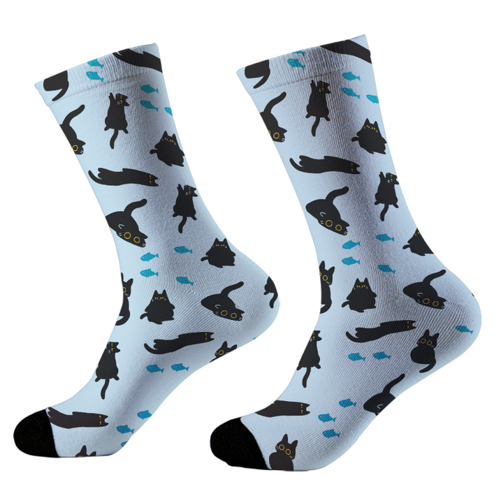 Black Cat And Blue Fish Socks