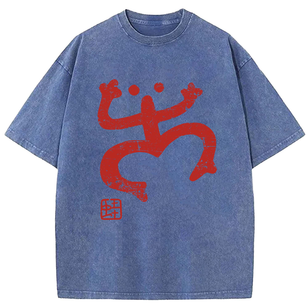 Abstract Retro Frog Washed Crew Neck T-Shirt