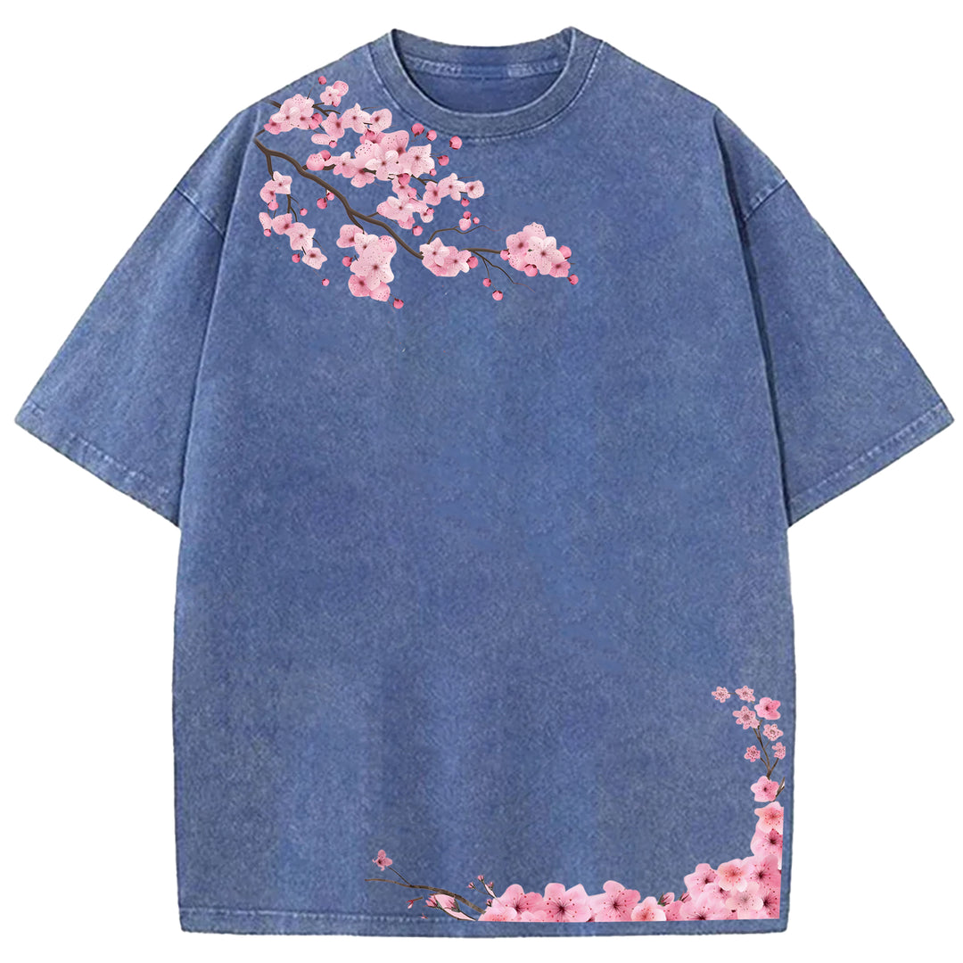 Japanese Art Cherry Blossoms Design Washed Crew Neck T-Shirt