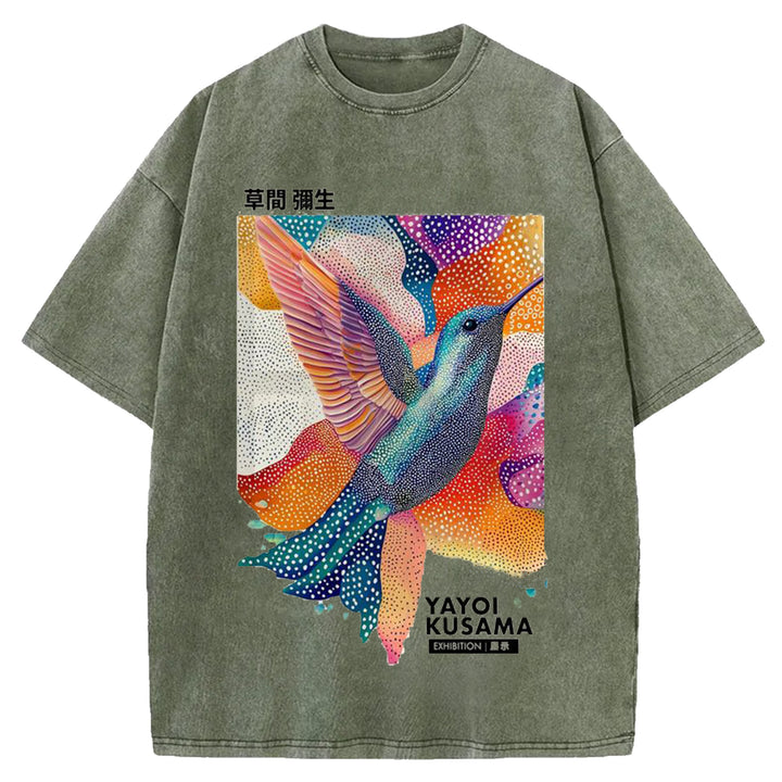 Yayoi Kusama Bird Vintage Design Washed Crew Neck T-Shirt