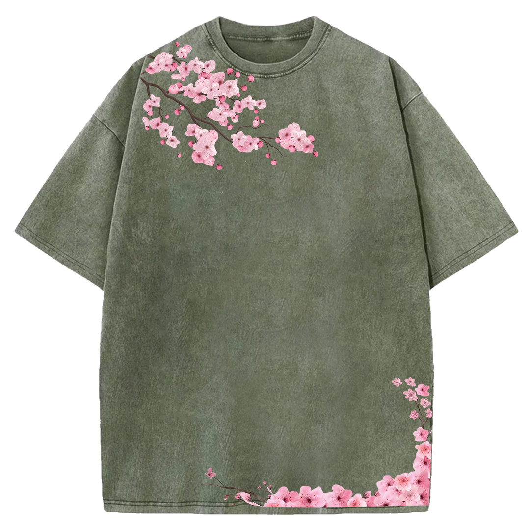 Japanese Art Cherry Blossoms Design Washed Crew Neck T-Shirt