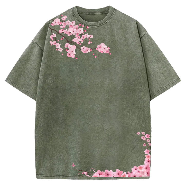 Japanese Art Cherry Blossoms Design Washed Crew Neck T-Shirt