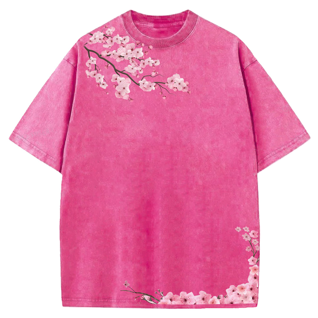 Japanese Art Cherry Blossoms Design Washed Crew Neck T-Shirt