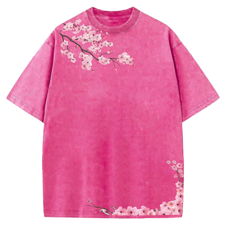 Japanese Art Cherry Blossoms Design Washed Crew Neck T-Shirt