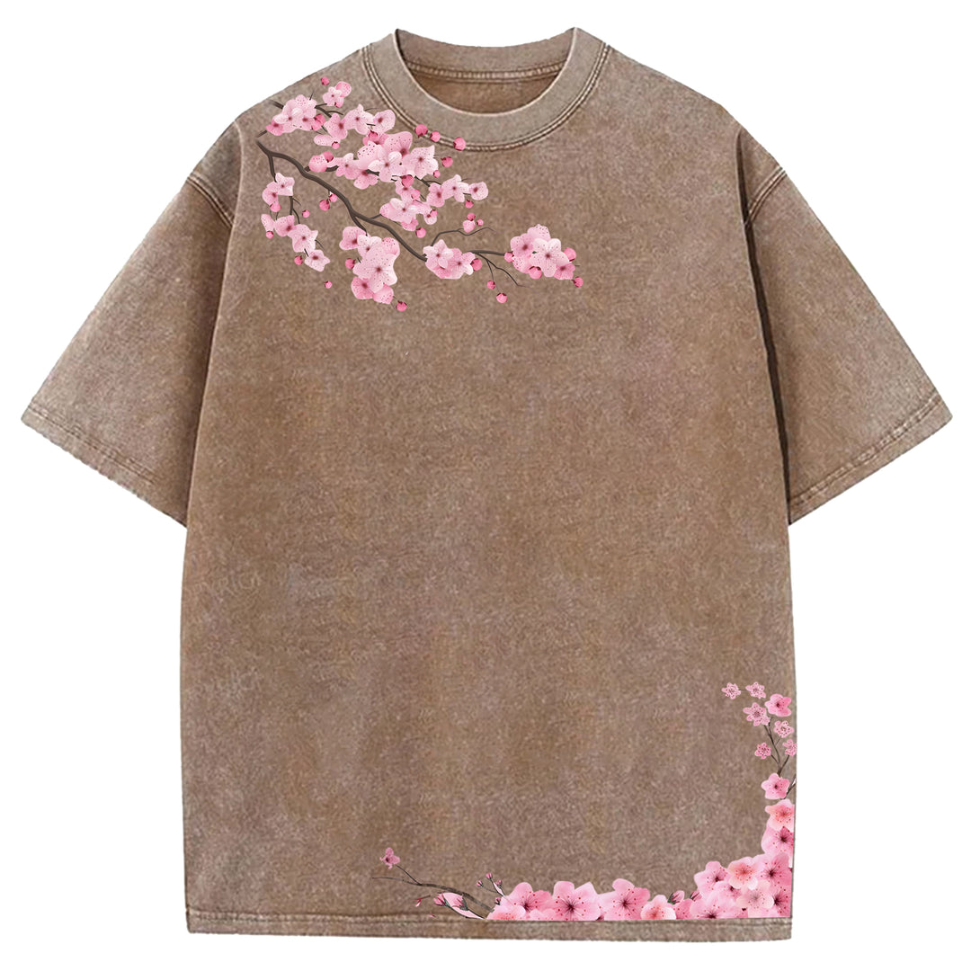 Japanese Art Cherry Blossoms Design Washed Crew Neck T-Shirt