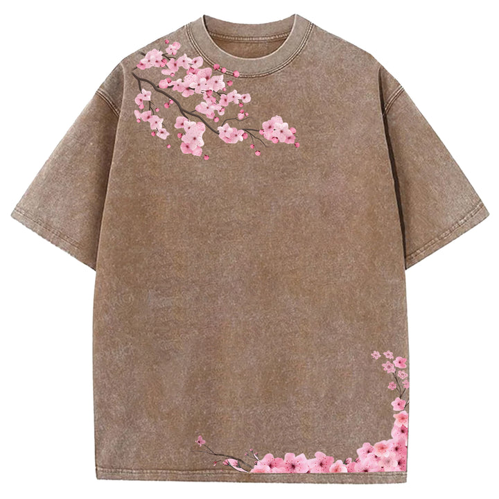Japanese Art Cherry Blossoms Design Washed Crew Neck T-Shirt
