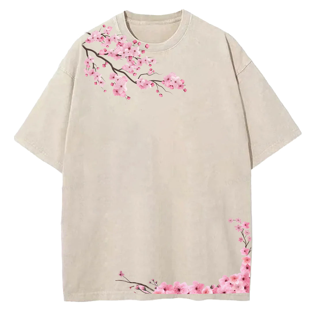 Japanese Art Cherry Blossoms Design Washed Crew Neck T-Shirt