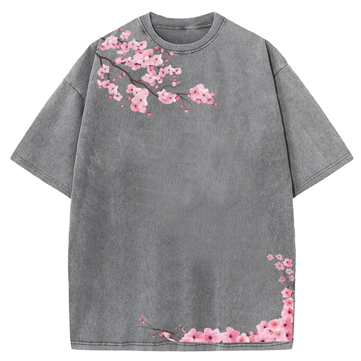 Japanese Art Cherry Blossoms Design Washed Crew Neck T-Shirt